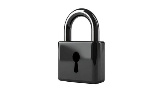 A shiny, metallic padlock with a keyhole, set against a stark black background