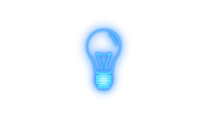 Glowing blue neon light bulb icon, representing innovation, idea, solution, electricity, creativity, inspiration, energy, knowledge, and thought, isolated on transparent background.
