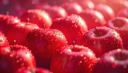 Luminous Red Apples with Water Droplets in Cinematic Soft Lighting Fresh Harvest Concept Shiny Red Surface with Reflections and Moisture