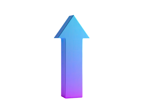 A vibrant, dimensional arrow, pointing upwards, featuring a gradient of blue to purple