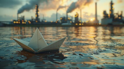 A small paper boat drifts on calm water, contrasting with a backdrop of industrial facilities silhouetted by a vibrant sunset, highlighting human activity and nature's serenity