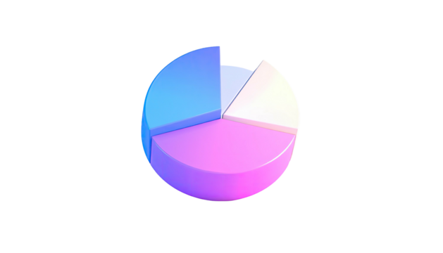 3D render of a pie chart showing data analysis in gradient blues and pinks