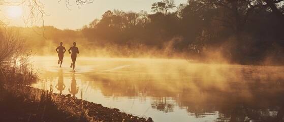 Serene morning run: Two athletes training in nature's golden embrace at dawn