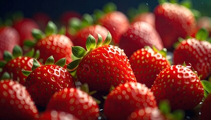 Lush Arrangement of Fresh Red Strawberries Close Up Cinematic Detail Food Photography with Dark Backdrop and Vibrant Colors