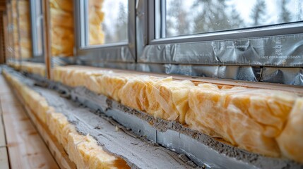 Workers are installing insulation around double-glazed windows in a residential construction project. The focus is on detail and quality materials used to ensure energy efficiency