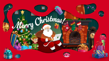 Santa with laptop by fireplace on Christmas paper cut greeting card, cartoon vector. Merry Christmas greeting card with funny elf and Santa reading wishes on laptop at Xmas tree with gifts and socks