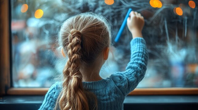 A young girl joyfully doodles on a foggy window, expressing her creativity as raindrops gently decorate the glass - Powered by Adobe