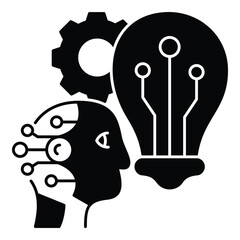 AI Brainstorming and Intelligent Idea Generation with Circuit Head and Gear Mechanism Glyph Vector. Perfect for illustrating creativity, problem-solving, and intellectual property in the age of AI.