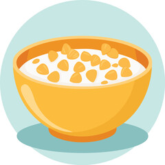 A bowl of cornflakes or cereal with milk. A simple, flat design vector icon with a long shadow, for breakfast and food concepts. Generative AI