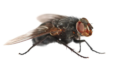 Macro fly, housefly insect, blow flies isolated on white background, side view 
