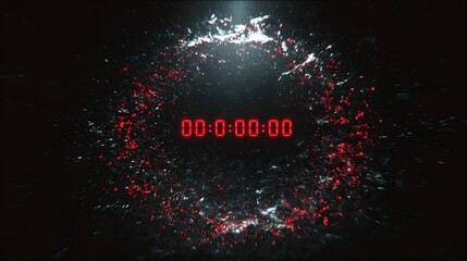 Red glowing digital countdown timer on dark background with reflection, futuristic time clock interface for technology, gaming, urgency and competition