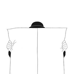 Illustration of man with bowler holding empty newspaper