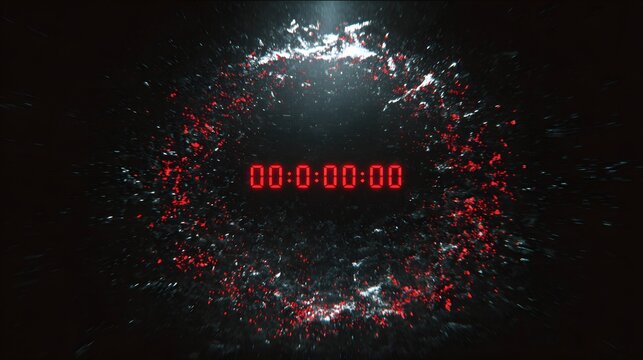 Red glowing digital countdown timer on dark background with reflection, futuristic time clock interface for technology, gaming, urgency and competition