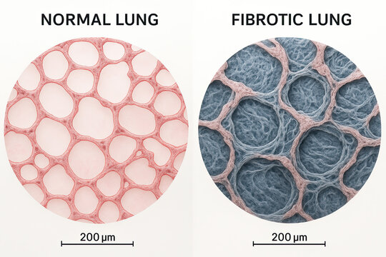 Microscopic comparison of a healthy lung versus a fibrotic lung, illustrating scar tissue formation in the fibrotic tissue.