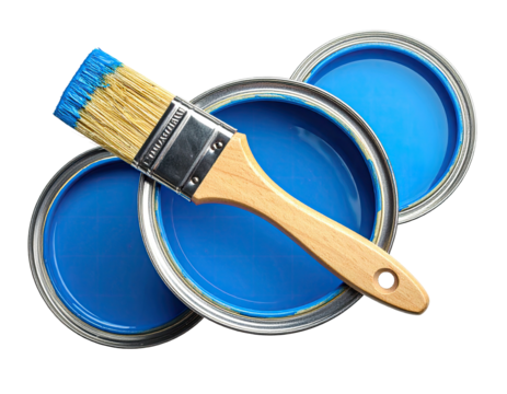 Blue paint cans and a paintbrush