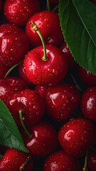 Lush Pile of Red Cherries with Water Droplets and Green Leaves Close Up