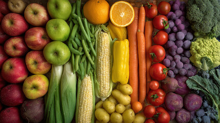 Rainbow-colored fruits & veggies arranged in perfect symmetry&mdash;includes apples, oranges, carrots, broccoli, mochi rice cakes; vibrant diverse produce, appealing background for visuals, designs