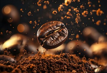 Macro of a Floating Roasted Coffee Bean Over Fresh Grounds ,a Dramatic view,concept of national or happy international coffee day
