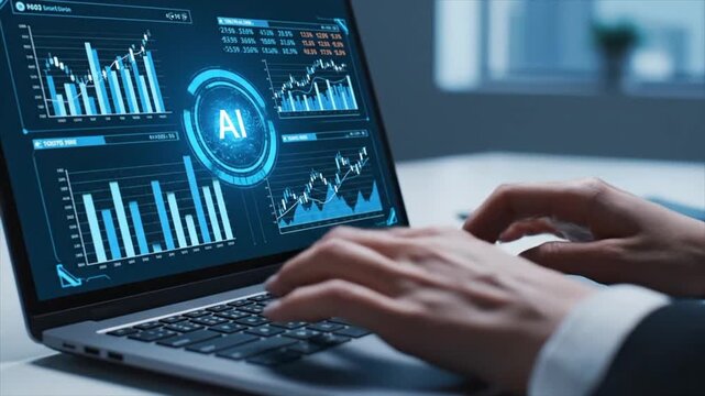 Hands Typing on Laptop with AI Agent Analyzing Financial Data Hologram. 