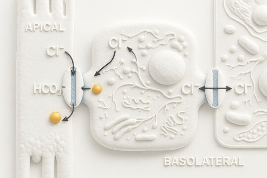 Biological illustration showing ion transport between epithelial cells, including chloride and bicarbonate ions.