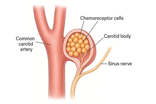 Diagram of the carotid body showing chemoreceptor cells within the common carotid artery and sinus nerve.