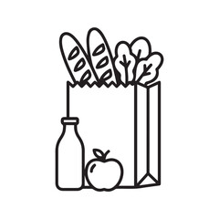 Groceries line icon. Paper bag with fresh food, bread, milk, and apple. Healthy eating and supermarket shopping vector symbol.
