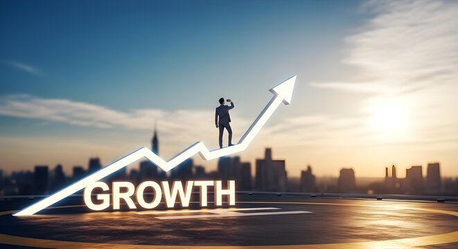 businessman on growth arrow chart with city skyline vision