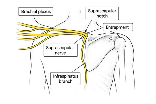 Anatomical illustration of the suprascapular nerve, highlighting the brachial plexus, suprascapular notch, and potential entrapment site, with labeled infraspinatus branch.