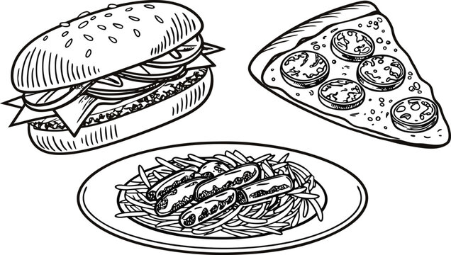 Hand-drawn vintage pizza illustration vector doodle icon set for fast food restaurant dinner menu