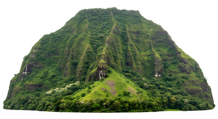 Lush green mountain rises dramatically, a tropical paradise beckoning with adventure and natural beauty, perfect for travel and eco-tourism campaigns