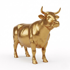 A golden cow statuette, standing, isolated on a white