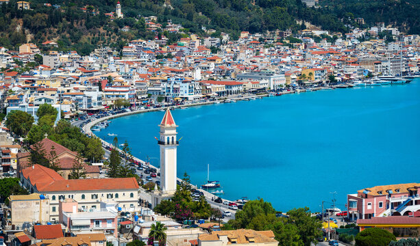 Aerial view of the town and port of Zakynthos island, Ionian Sea, Greece, with the famous venetian church tower in the foreground