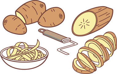 A diverse set of sweet and savory bakery foods including bread, croissant, cake, and donut vector icons for breakfast and dessert menus