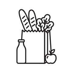 Obraz premium Groceries line icon. Paper bag with fresh food, bread, milk, and apple. Healthy eating and supermarket shopping vector symbol. 