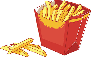 Red box of french fries with ketchup and mustard isolated on a white background, a classic fast food snack of fried potato sticks