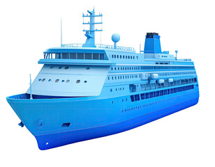 A blue cruise ship, rendered on a black backdrop, with decks and various upper structures