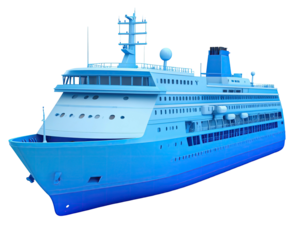 A blue cruise ship, rendered on a black backdrop, with decks and various upper structures