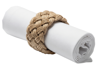 White cloth dining napkin with a woven natural fiber rope ring on a transparent background