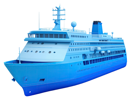 A blue cruise ship, rendered on a black backdrop, with decks and various upper structures