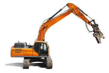 This crawler excavator is designed for heavy-duty construction work and features a powerful boom and demolition device, isolated on a white background.