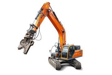 A bright orange excavator on an isolated background, equipped with a powerful boom and hydraulic attachments for demolishing buildings and structures. © Anoo