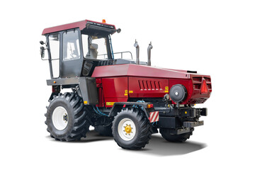 Naklejka premium Agricultural tractor in striking red color with robust tires, designed for various farming tasks, isolated against a clean white backdrop, emphasizing its sturdy build.