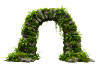 Enchanting stone archway covered in lush green moss and ferns, perfect for fantasy landscapes, mystical gardens, or fairytale backdrops, bringing nature's magic.