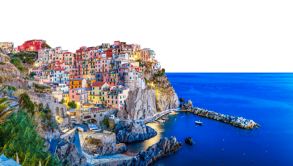 Colorful coastal village of Manarola in Cinque Terre, Italy. Sky cut-out
