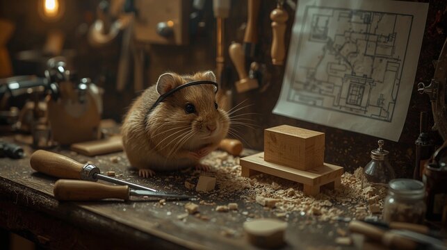 A photorealistic scene of a cute hamster dressed with tiny safety goggles, busy at a miniature woodworking station. The bench is covered with tiny chisels, sawdust, and a nearly completed wooden proje