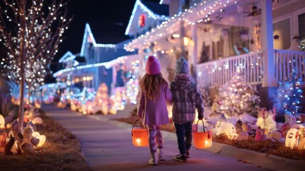 Fototapeta premium Children Walking on Sidewalk Past Decorated Houses at Night