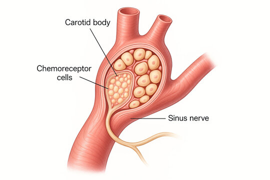 Anatomical illustration of the carotid body, showcasing chemoreceptor cells and associated nerves.