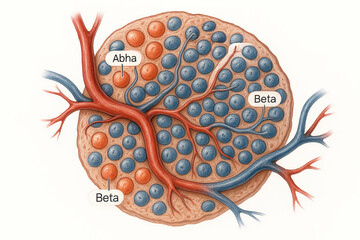 Illustration of Pancreatic Islets of Langerhans, showing alpha and beta cells with blood vessels