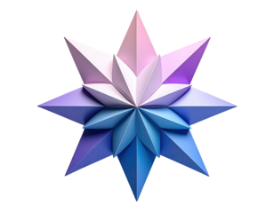 Geometric starburst with layered, faceted petals in gradient shades of blue to purple