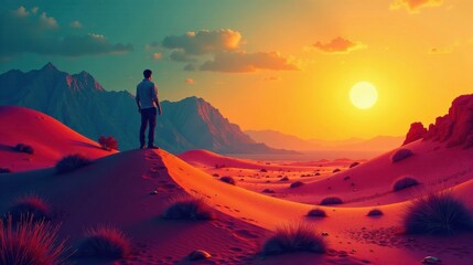 Fototapeta premium A Solitary Figure Contemplates the Vastness of a Desert Landscape at Sunset, Silhouetted Against the Vibrant Hues of the Sky and Sand